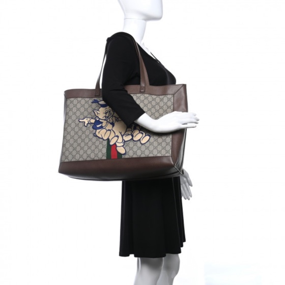 GUCCI X DISNEY GG Supreme Monogram Web Three Little Pigs Large Ophidia Tote Be - Picture 2 of 13